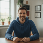 Gemini_Generated_Image_eiqsraeiqsraeiqs Smiling man in a blue hoodie sitting at a desk.