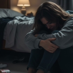 Young woman is sitting on the floor distressed or crying.